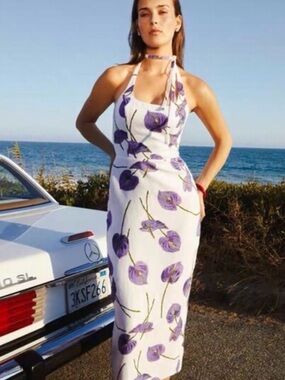 Reformation Yana White Maxi Dress with Whie and Purple Floral Print